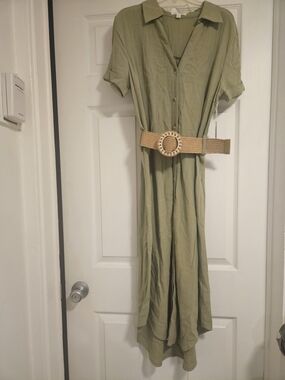 Blu Pepper Olive Green Midi Shirt Dress with Woven Belt